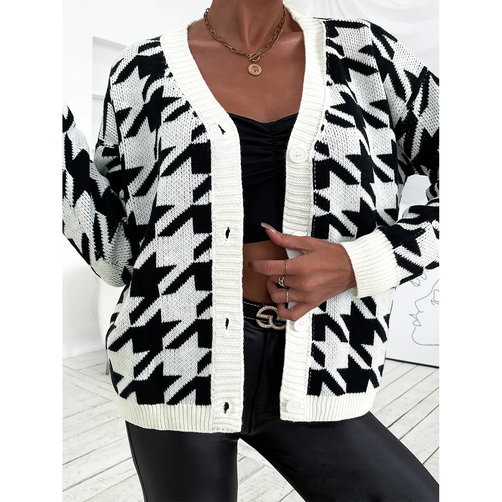 

Donsignet Fashion Womens Sweater Coat Autumn Winter New 2021 Long Sleeve Houndstooth Sweater for Women