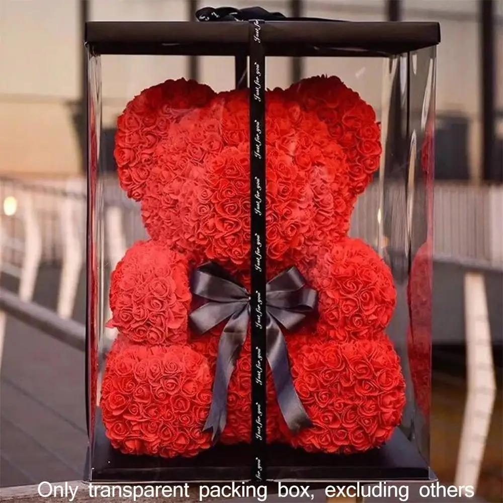 Большая прозрачная пластиковая коробка с изображением медведя розы на День