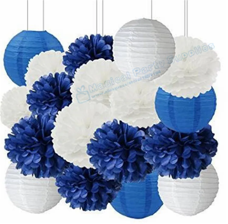 2 комплекта темно синие белые салфетки Pom Poms бумажные Цветочные Висячие фонарики