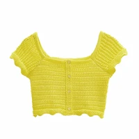 za 2021 summer women square collar cropped knit top short sleeve pullovers crochet blusas wrap chic slim sweater crop knitwear