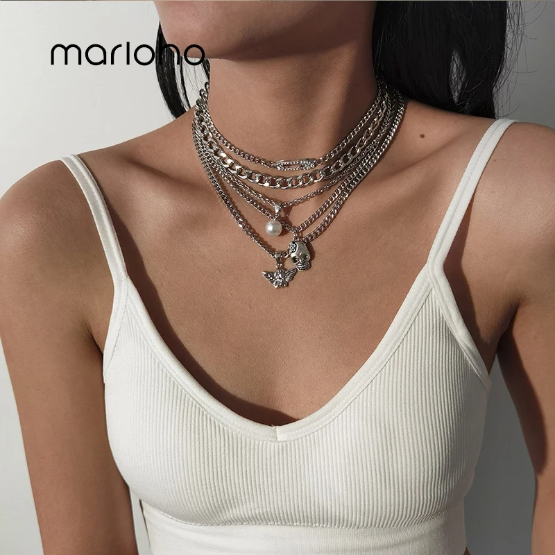 

Marioho Exaggerated Atmosphere Micro-inlaid Multilayer Necklace Punk Hip-hop Style Pin Skull Necklace For Women Jewelry Gift
