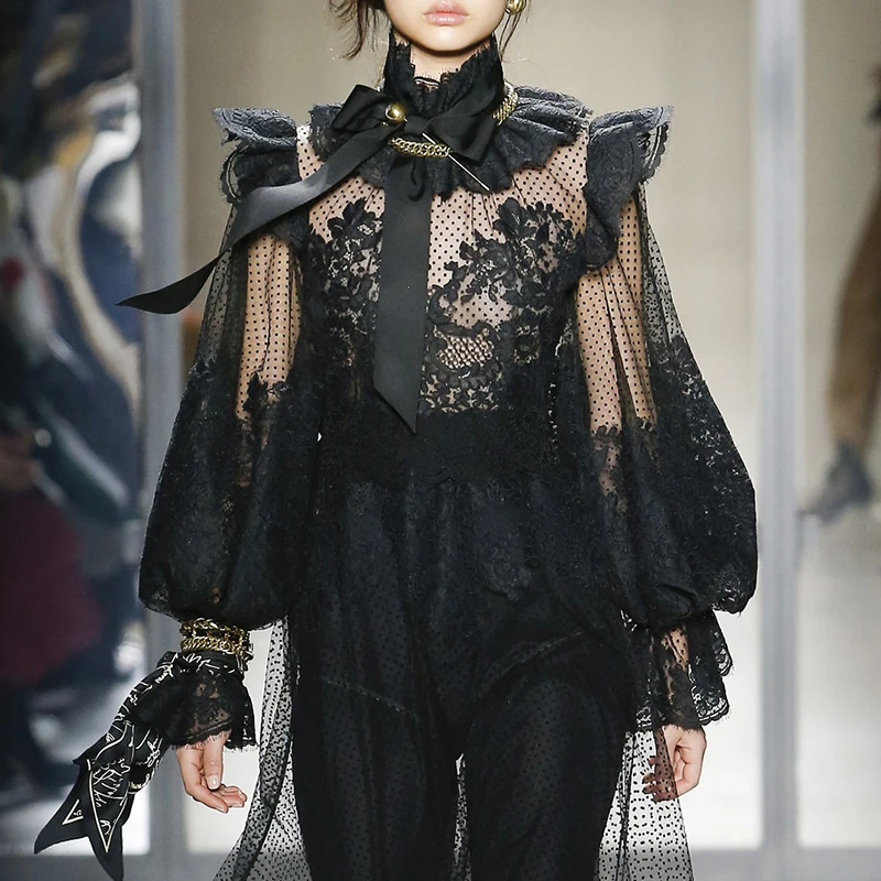 Кружевная Цветочная блузка в горошек с рюшами и длинными рукавами воротником