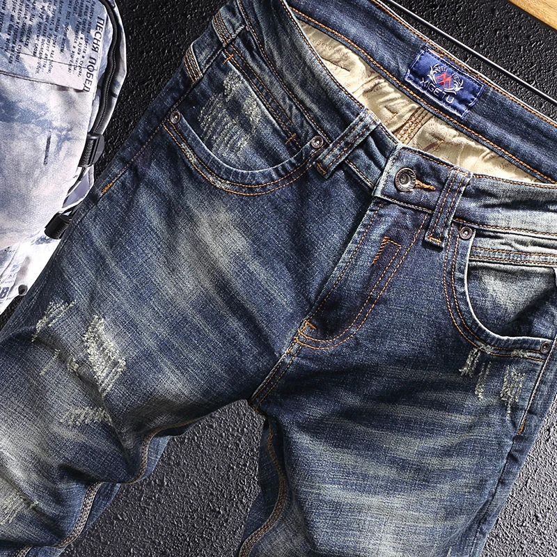 European Vintage Fashion Men Jeans Retro Blue Elastic Slim Fit Ripped Jeans Men Distressed Frayed Hole Casual Cotton Denim Pants