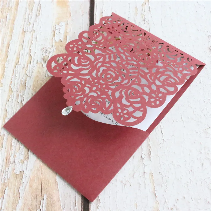 Burgundy wedding card invitation rustic rose bridal invite pocket customized design printing 50pcs | Дом и сад