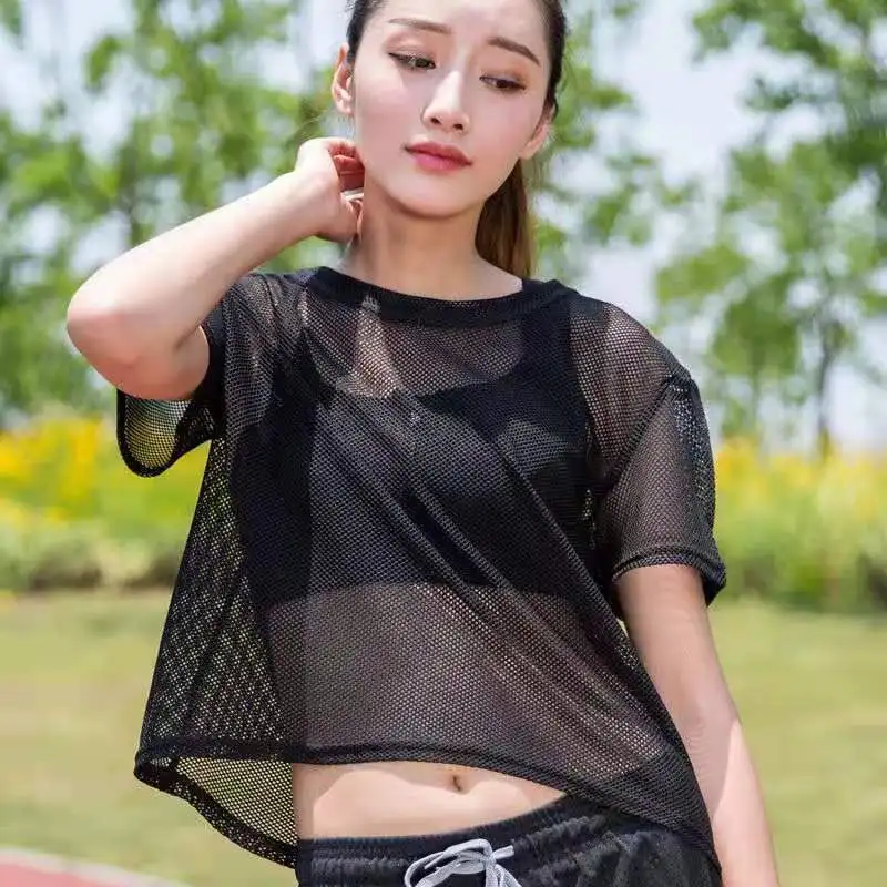 

Sports overalls mesh hollow fitness overalls women loose and quick-drying yoga running dance breathable short-sleeved tops summe