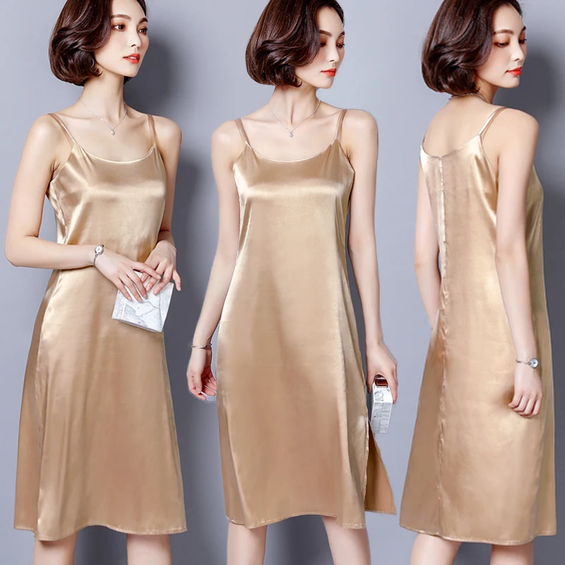 2019 новые летние женские атласные платья Твердые свободные тонкий гладкий