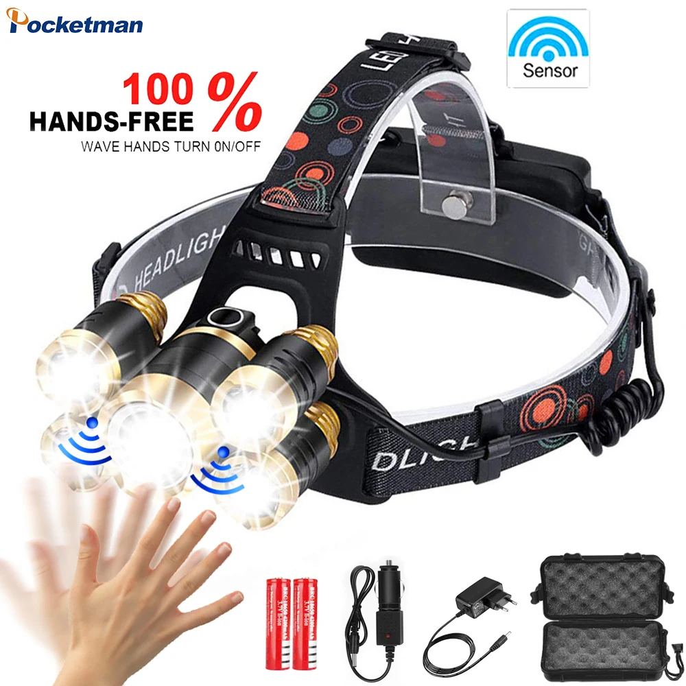 

Most Bright LED headlamp Hands-free headlights body motion sensor head camping flashlight lights with USB18650 batttery fishing