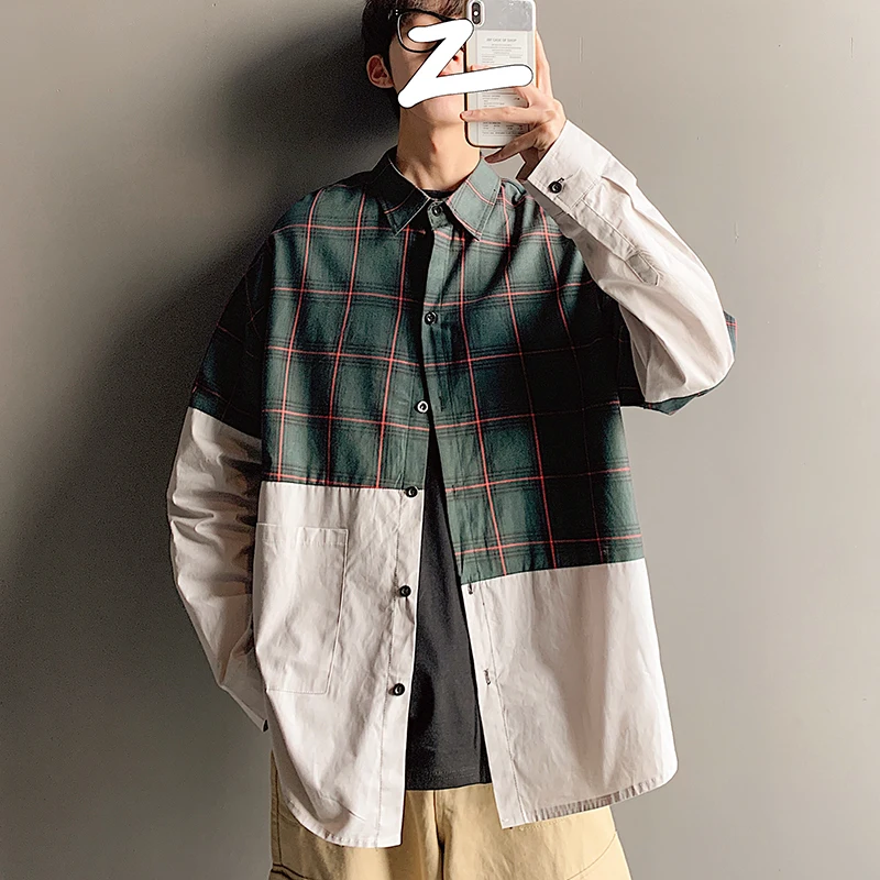 

BAIDAFEILI New Fashion Trend Full Sleeve Length Plaid Patchwork Student Shirts Hong Kong Style Straight Youth Cotton Clothing