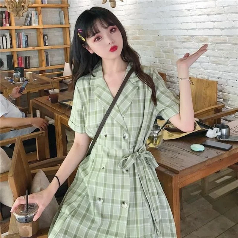 

QWEEK Punk Plaid Blazer Dress Women Fashion Korean Style Plaid Blazer Dress Short Sleeve Mini Office Ladies Dresses Sundresses