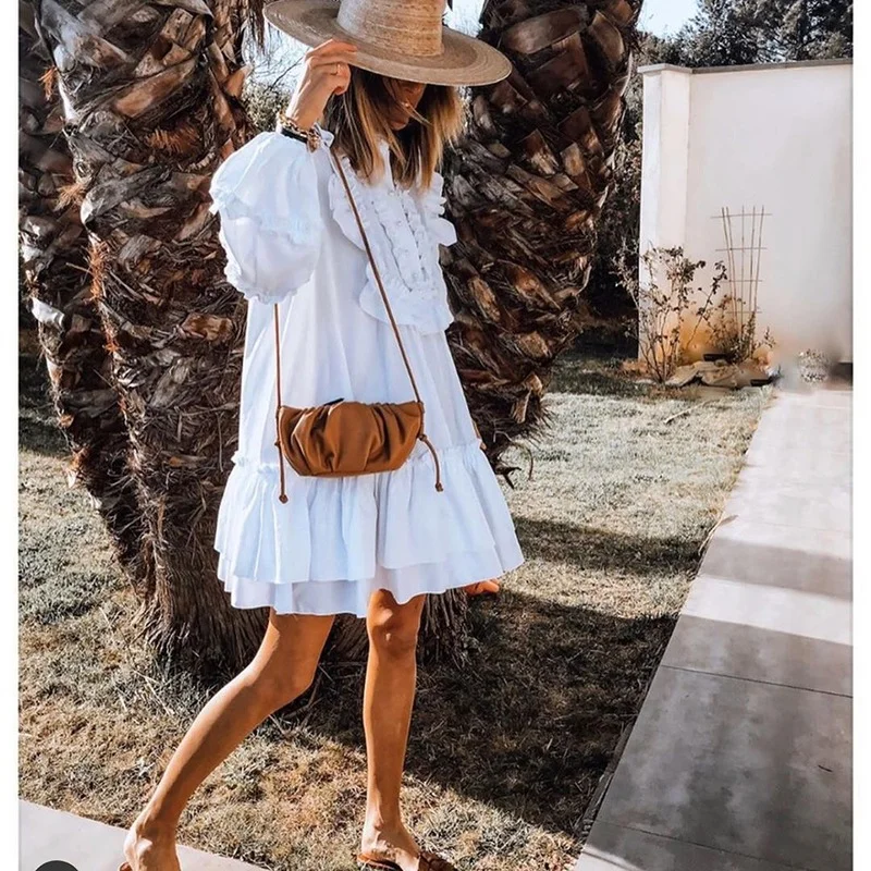 

Elegant White High Neck Ruffle Dress Sexy Autumn Long Sleeve Short Loose Dresses Fashion Puff Sleeve Dress Vestidos Mulher 2021