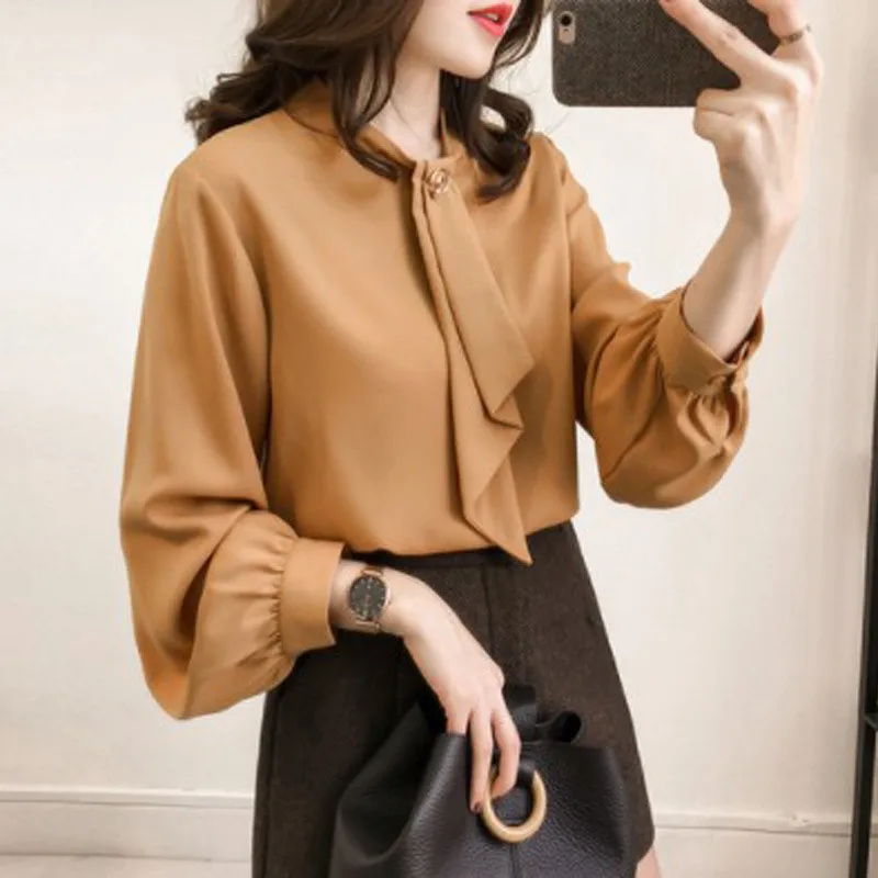 

Office Lady Elegant Solid Color Shirt Spring Autumn Women Loose Lantern Sleeve Stand Collar Tops Korean Vintage Blouses With Tie