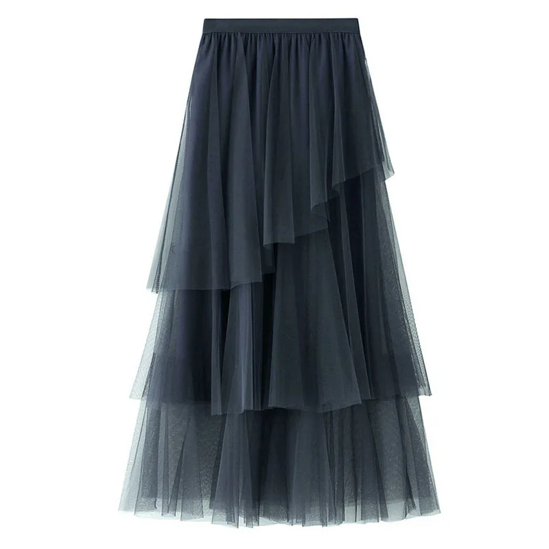 

Юбка-миди Женская многослойная Асимметричная, корейский стиль, сетчатая эластичная длинная юбка из тюля с завышенной талией, осень