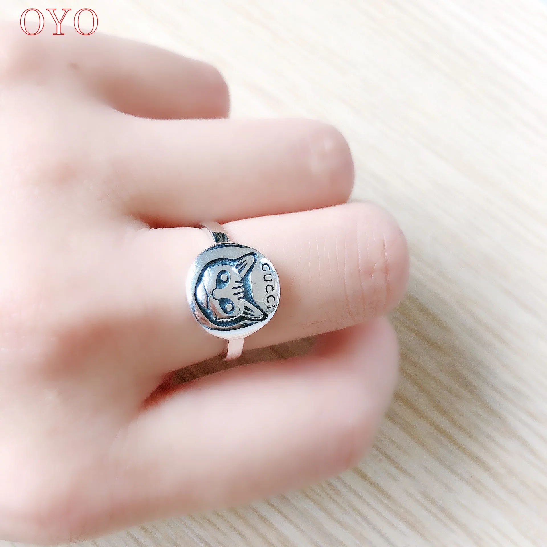 

100% s925 sterling silver cat head English letter ring retro old simple temperament ins Thai silver female index finger ring