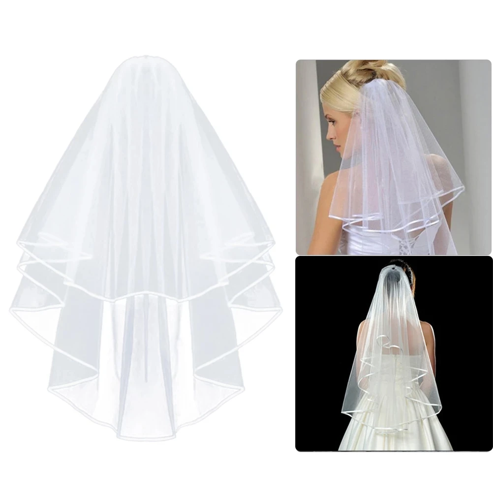 

2022 Simple and Elegent Wedding Veil Bridal Tulle Veils with Comb and Lace Ribbon Edge White Ivory