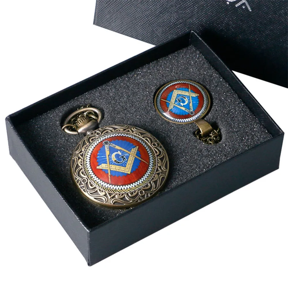 

Bronze Quartz Pocket Watch Set Masonic Themed Pendant Necklace Clock Souvenir Collect Gift Sets Men Women reloj de bolsillo