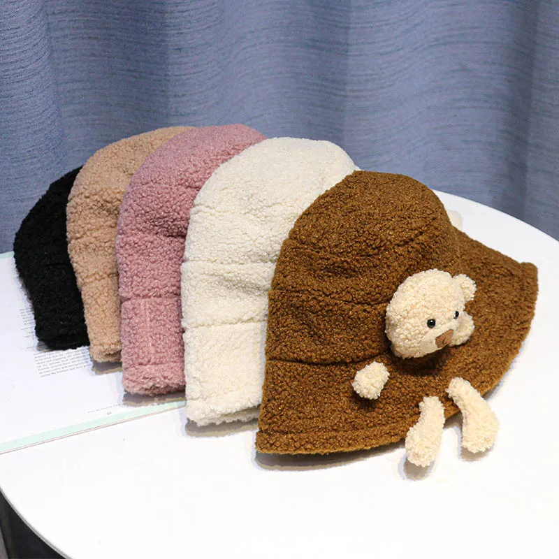 Hat Autumn Winter Women New Three-Dimensional Bear Bucket Hats Fashion Lmitate Lambswool Student Lovely Keep Warm Cap QDKPOTC