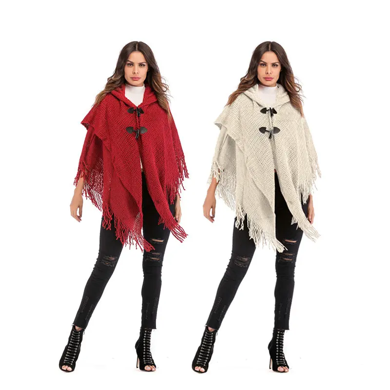 ZOGAA 2019 Red Knitted Cloak Sweater Women Casual Loose Tassels Shawl Autumn Winter Streetwear Poncho Hooded Pullovers | Женская одежда
