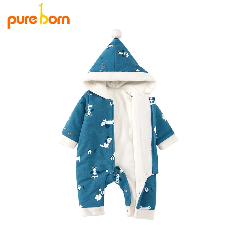 Pureborn/Детский комбинезон унисекс из плотного флиса с капюшоном для новорожденных; зимний комбинезон на молнии; Одежда для маленьких мальчиков и девочек