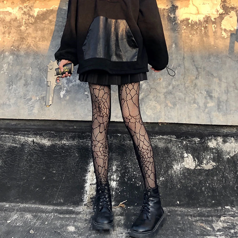 Темные готические колготки G сексуальные черные шелковые ажурные с паутиной