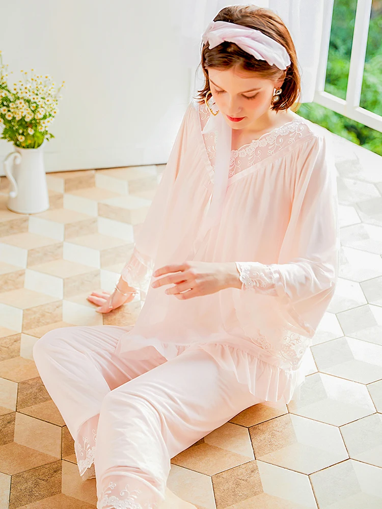 

2020 New Summer Women's Cotton Pyjamas lace Pijamas suave fullsleeved Long Pants Sleepwear Home Suit Women Pajamas 2 PCS PJ Set