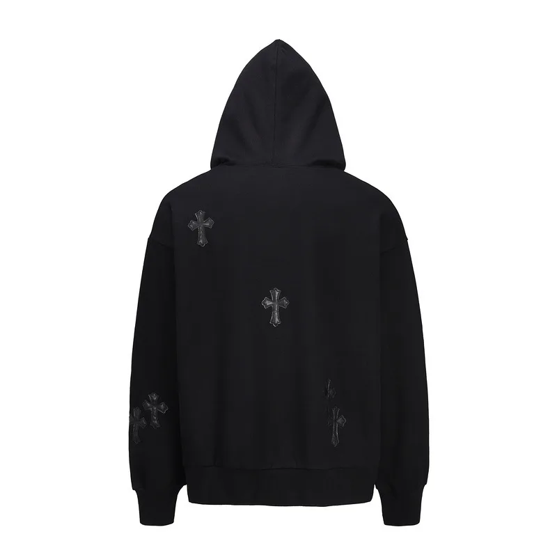 

SEVEYFAN Hi Street Leather Cross Patchwork Sweatshirts Men's Hip Hop Embroidery Hoodies Oversize Casual Cotton Pullover