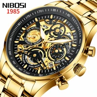 nibosi 2021 men watches luxury top brand gold watch stainless steel big dial wristwatch skeleton quartz sports watches for men