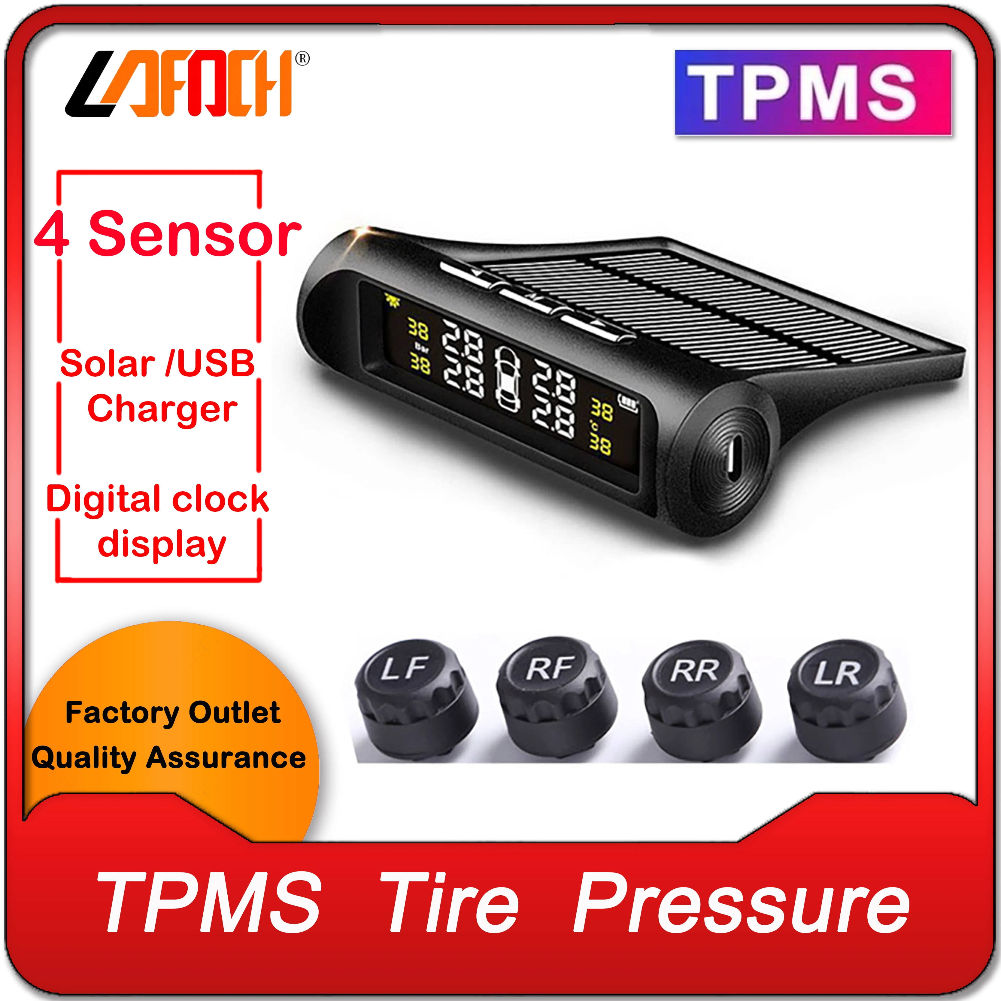 

Беспроводная солнечная система контроля давления в шинах LAFOCH TPMS с 4-датчиком, ЖК-дисплеем в режиме реального времени, монитор охранной сигна...