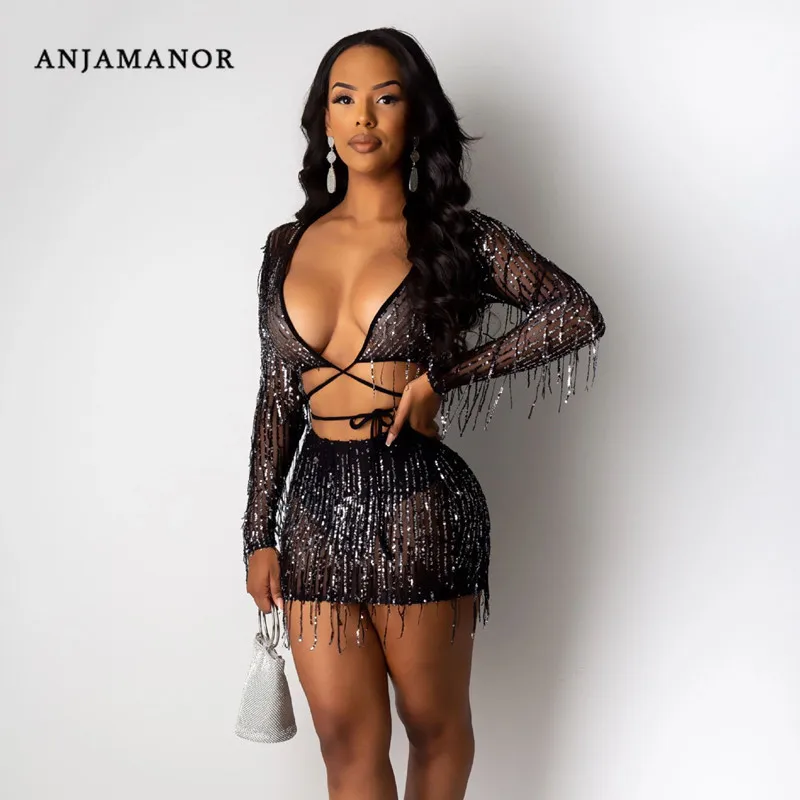 Женский осенний комплект из 2 предметов с блестками и бахромой| |