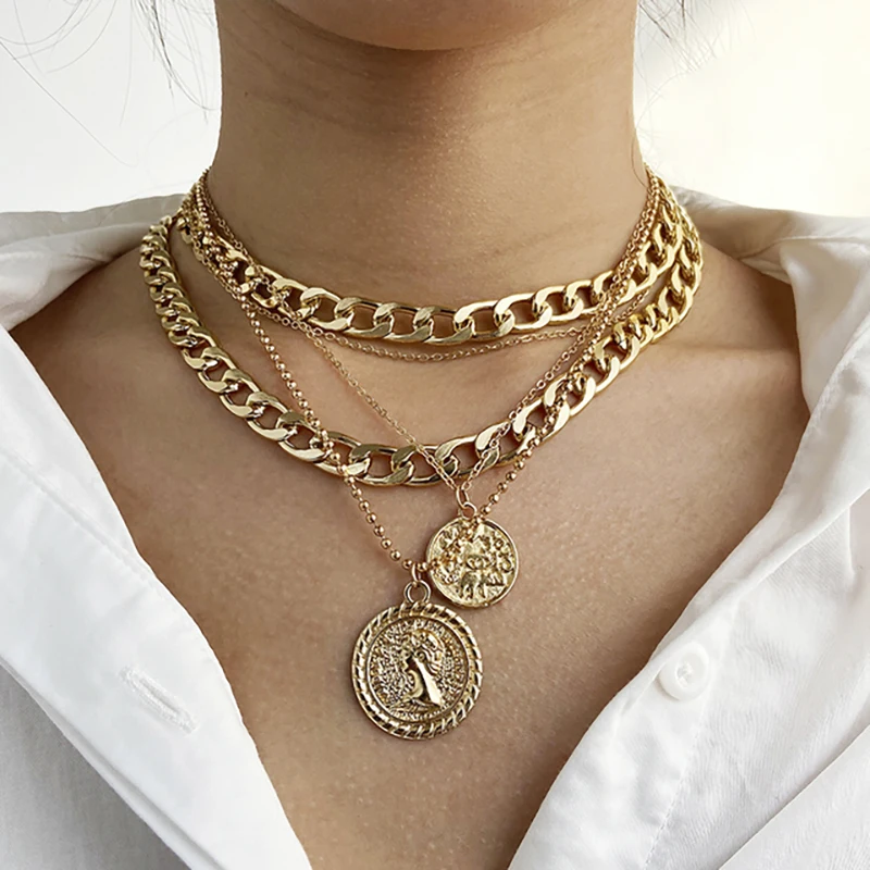 

SUJI Cuban Multilayered Chunky Thick Chain Choker Necklaces Punk Gold Portrait Coin Pendant Necklace For Women Gothtic Jewelry