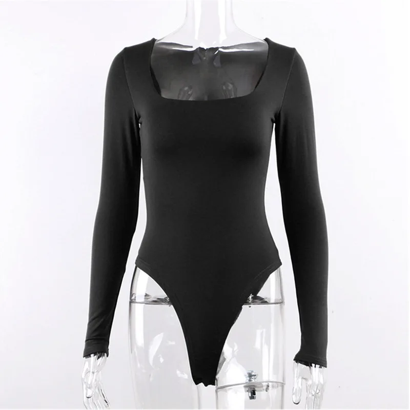 

Bodysuit Long Sleeve Women Body streetwear dropshipping Forefair Sexy Bodycon Square Neck Sheath Crotch Basic Black Overalls Top
