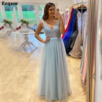 eeqasn sky blue tulle prom gowns a line v neck appliques lace evening dress floor length prom dress customize formal party gown