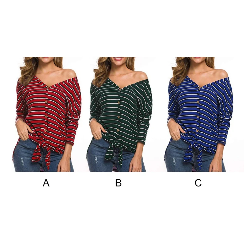 Осенняя Милая модная свободная полосатая футболка на пуговицах с длинными