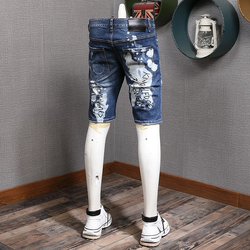Summer New Men's Letter Printed Ripped Short Jeans Men Fashion Casual Slim Fit High Quality Cotton Stretch Denim Shorts