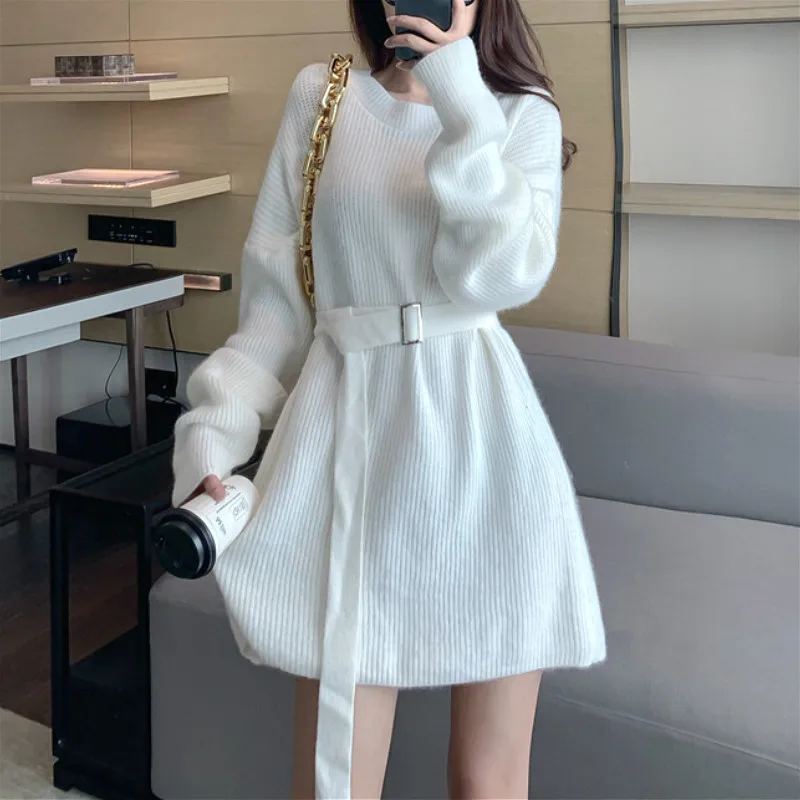 

Sweater Dress Women Solid Casual Long Sleeve Slim A-line Mini Office Knitted Dress Female One Piece Dress Korean New Autumn 2020