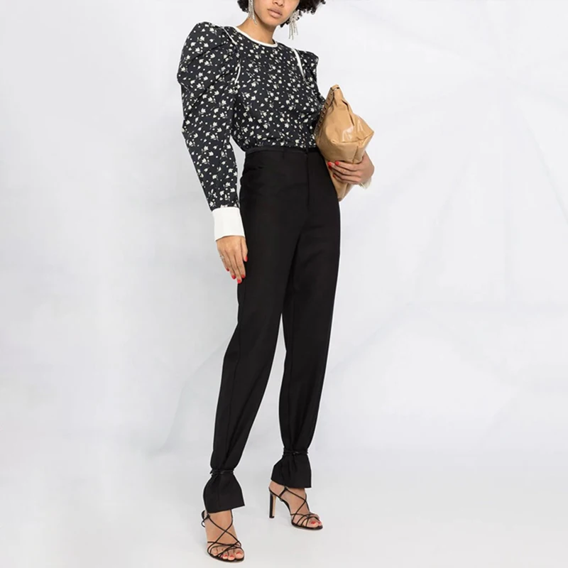 

VGH Vintage Print Shirt For Women O Neck Puff Sleeve Patchwork Hit Color Casual Shirts Female 2021 Spring Clothing Fashion Tide