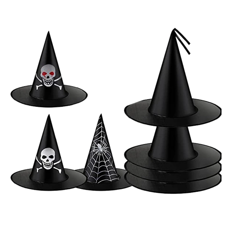 

7 Pcs Halloween Props Masquerade Decoration Supplies Printed Pattern Hat Witch Wizard Oxford Cloth Pointed Hat Black