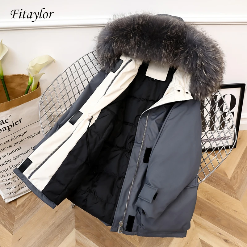 Fitaylor, большой натуральный Лисий мех, зимняя женская куртка на 90% белом утином пуху, длинное пуховое пальто, верхняя одежда с капюшоном, теплая Толстая парка