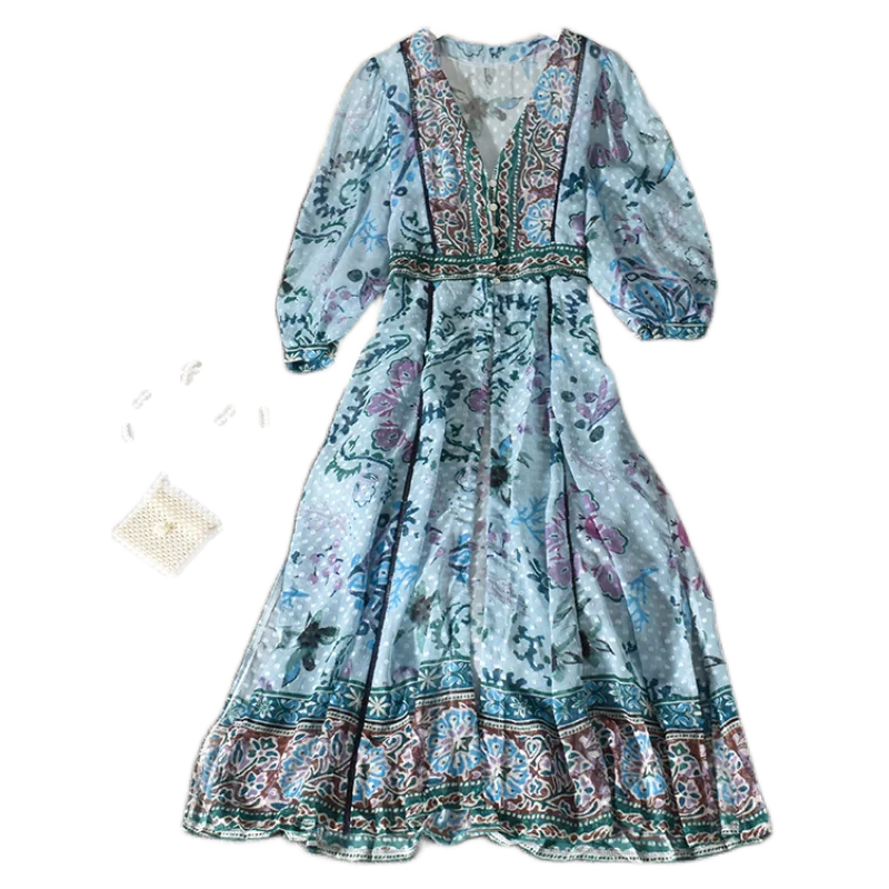 

Spring Autumn Women's Dress Retro Korean Style Printed Long Sleeve Dress New Long Sleeve Split Chiffon Female Dresses LL940