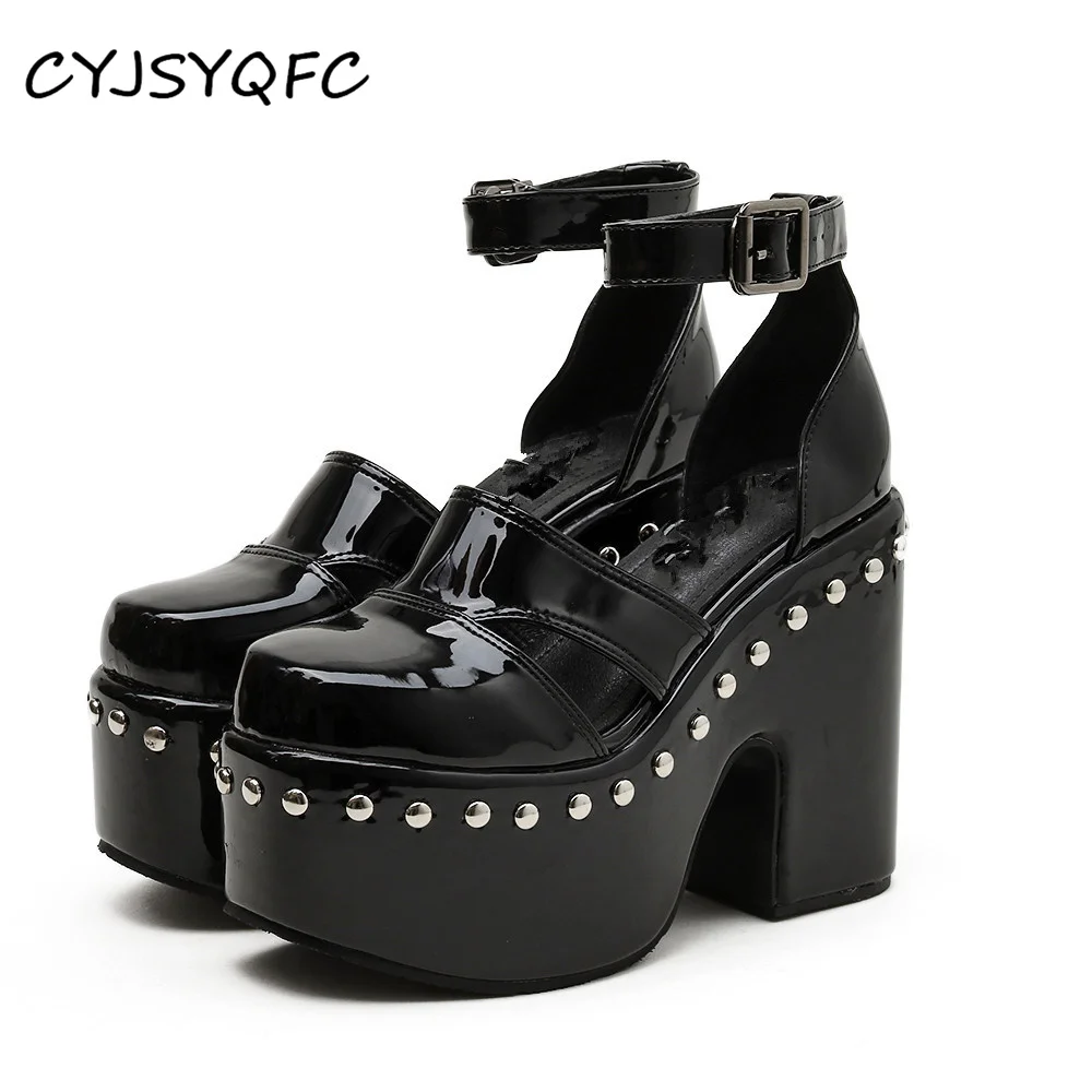 

CYJSYQFC New Rivets Black Goth Style Women Shoes Chunky Heel Punk Cool Summer Platform Sandals For Round Toe Ankle Buckle Strap