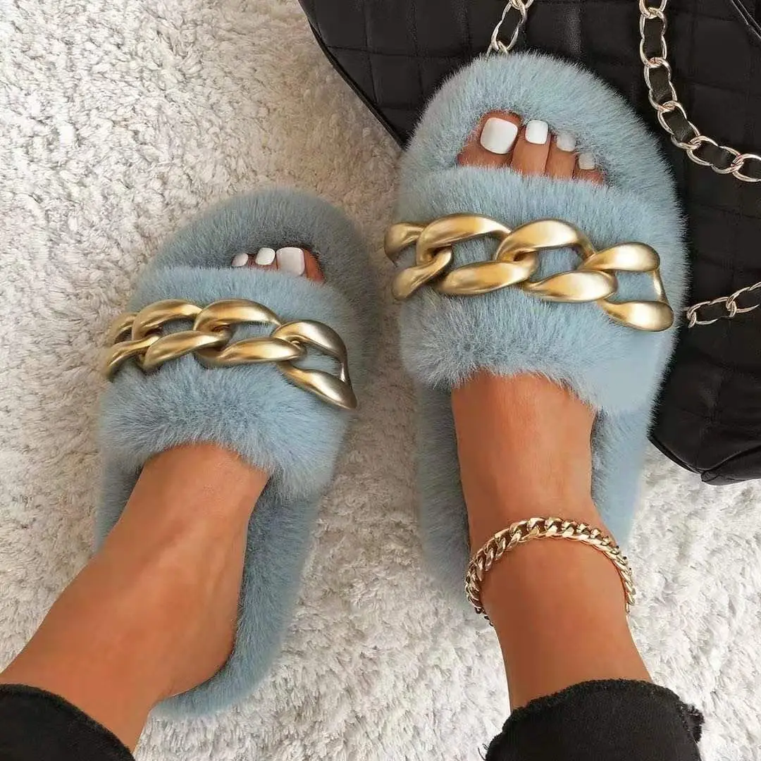 

2021 Summer Women House Slippers Faux Fur Warm Flat Shoes Female Slip on Home Furry Ladies Slippers Size 36-43 Wholesale