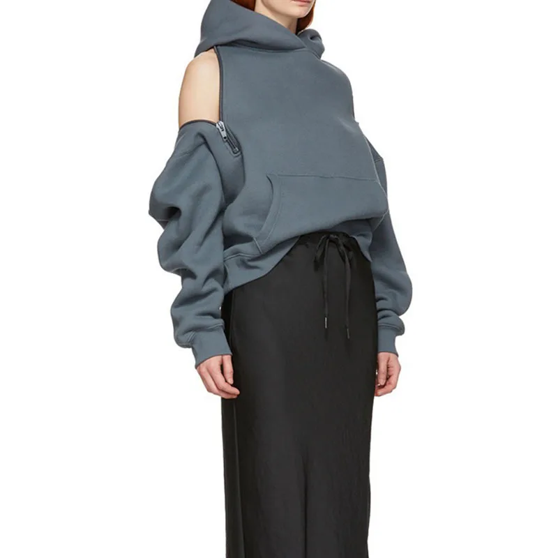 

High street loose solid color top 2021 autumn new style zipper careful machine strapless hooded plus velvet sweater women