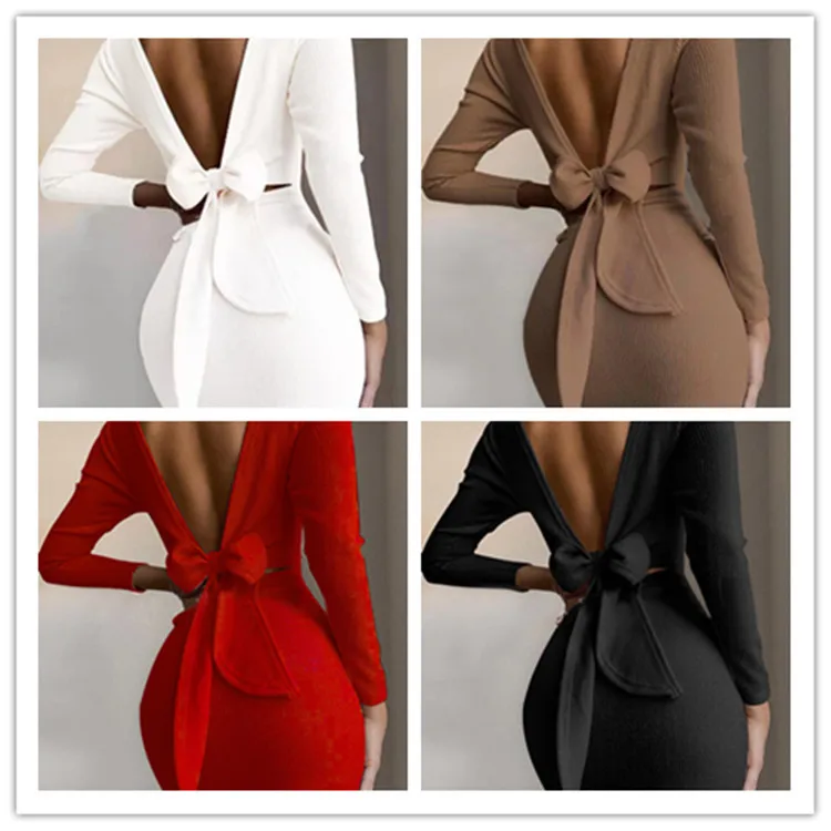 

Sexy Backless Mini Dresses Elegant Bowknot Party Club Bodycon Sukienka Solid Color Korean Fashion Fall Winter Long Sleeve Dress