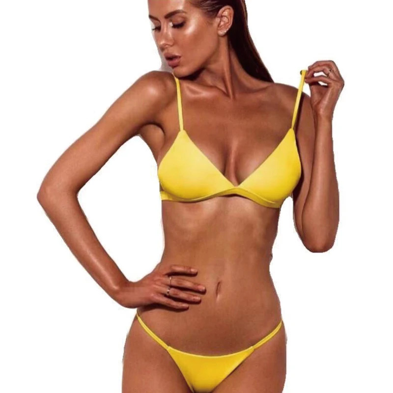 

2021 однотонный комплект бикини, сексуальный купальник пуш-ап, женское однотонное бикини, купальник с низкой талией, Женский бандажный купаль...