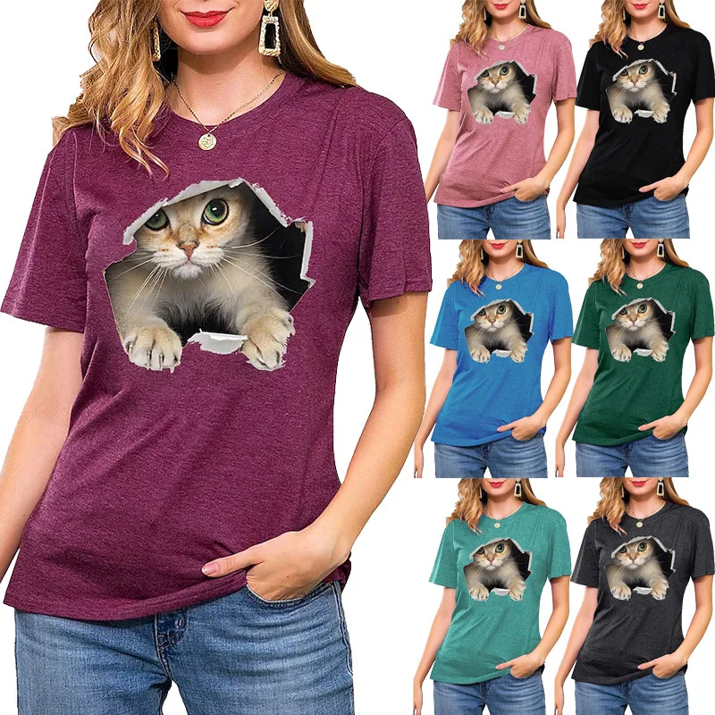 

Women's 2022 New Spring and Summer Cat Pattern Pullover Tops Loose Round Neck Short-sleeved T-shirt Ladies Plus Size Casual Tops