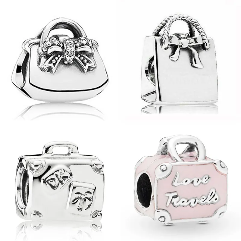 

Sparkling Shopping Bow Handbag Pink Travel Bag Suitcase Beads 925 Sterling Silver Charm Fit Europe Bracelet Diy Jewelry
