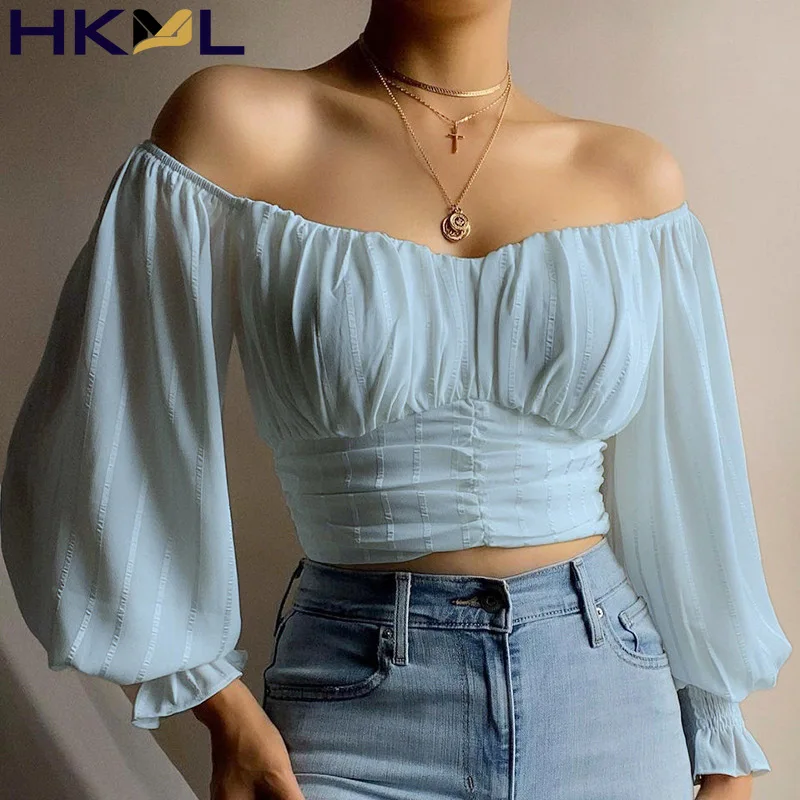 

Women Shirt Blouse Lantern Sleeve Off Shoulder Backless Slash Neck Pure Chiffon Autumn Sexy Pullover Top New