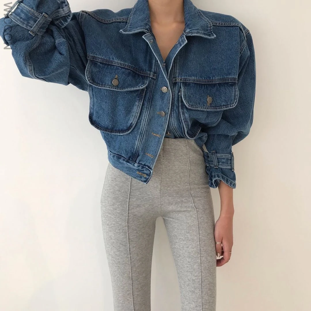

2021 Spring New Denim Jacket Women Lapel Puff Long Sleeve Short Outwear Vintage Casual Jean Jackets Denim Coat Female