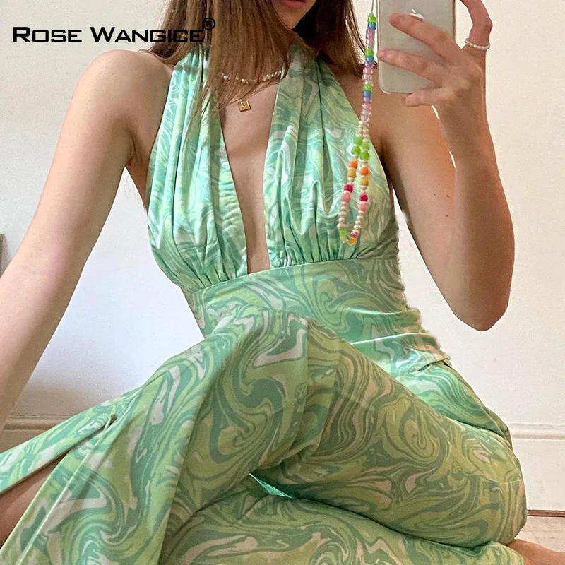 

Fashion Sexy Personality Sling Tie-dye Printing Temperament Elegant Party 2021 Women Clothing Summer Green Hanging Neck Tie Vest
