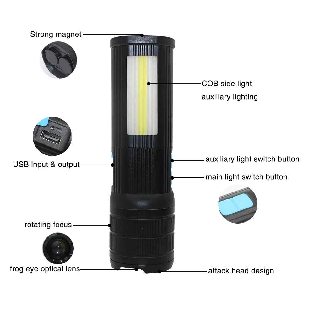 Online Linterna Multifunción Con Zoom XML T6 COB AK47, Batería Integrada De 5200mAh, Linterna Portátil Impermeable, Luz Recargable Por USB