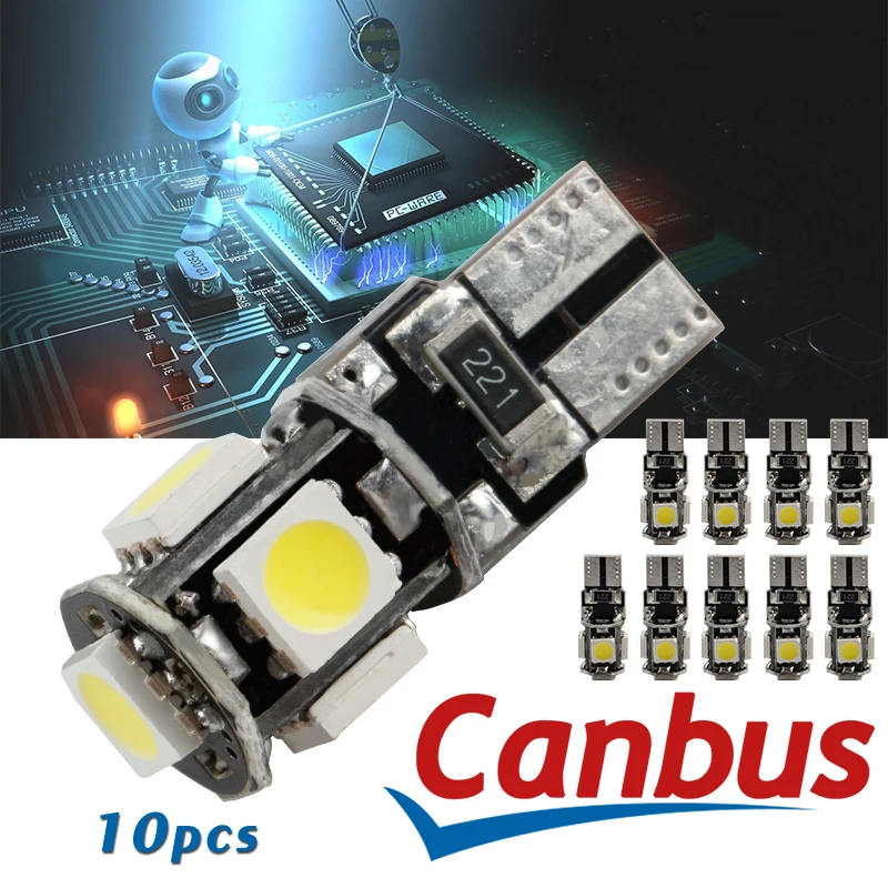 

10PCS White 5050 5SMD Canbus Error Free LED Bulb T10 W5W 194 Car Replacement CAN Bus Lights Door Clearance Interior Lamp